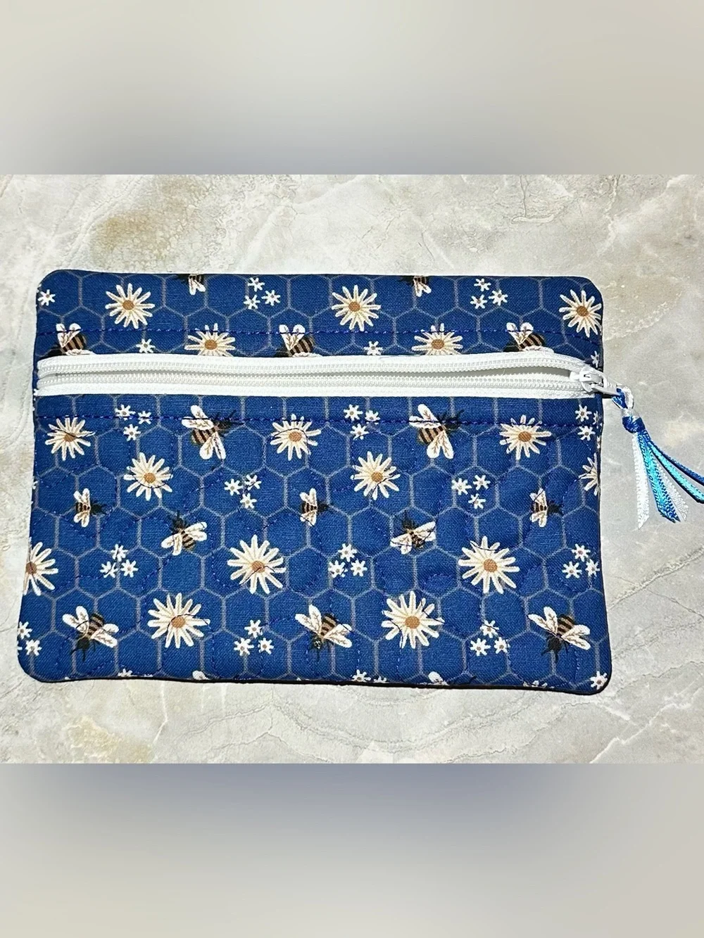 Blue Bee & Flowered Quilted Notebook Cover and Zipper Pouch Set